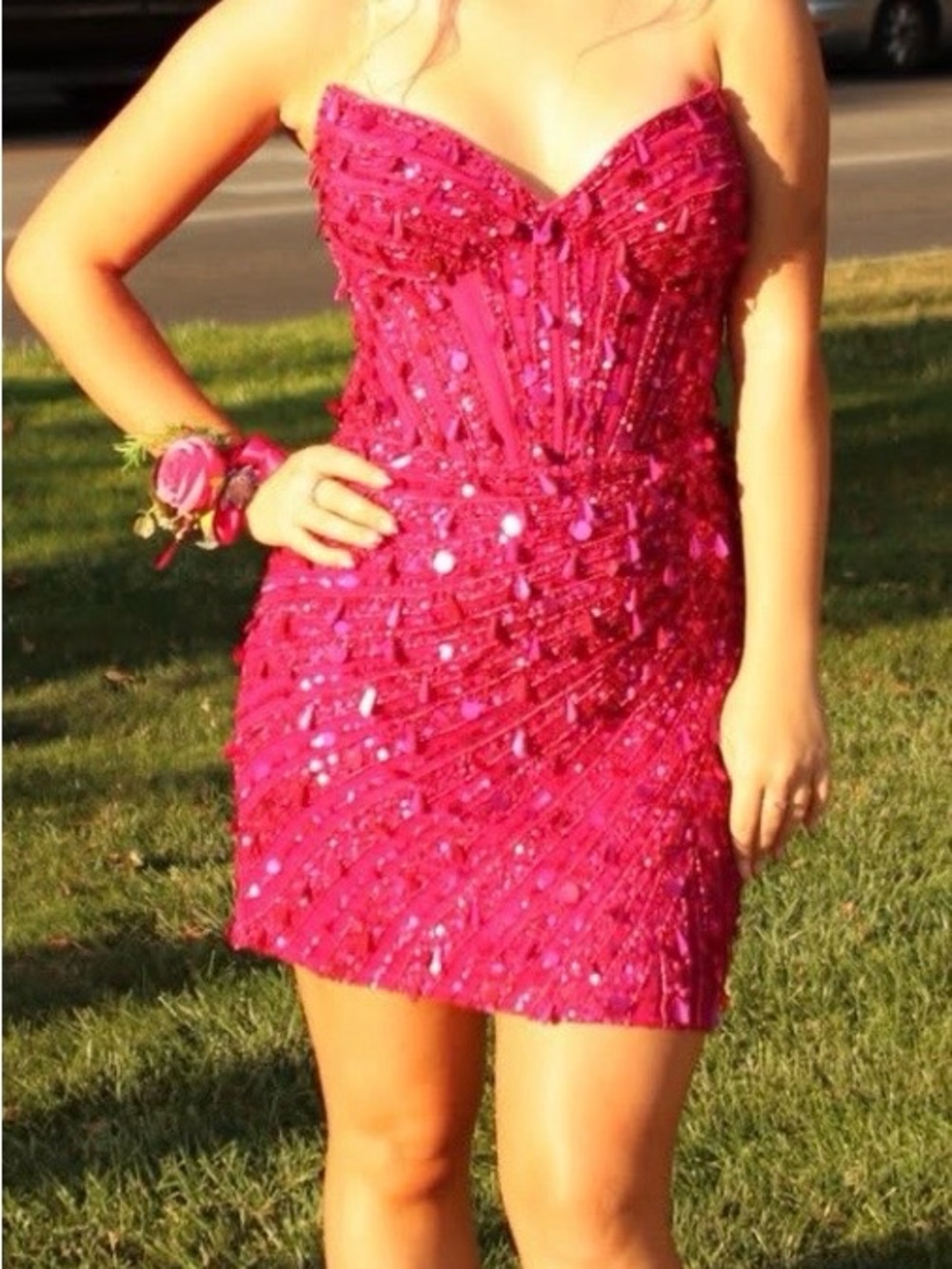 Sherri Hill Fuchsia Strapless Sequin Mini Dress- Homecoming dress